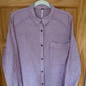 Free People Oversized Crinkle Stripe Button Down Top Red White Textured Boho